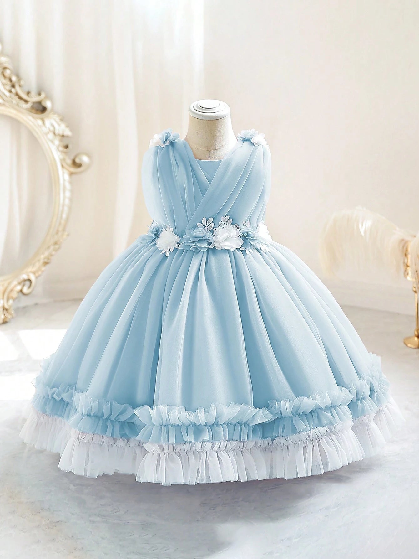 Mesh Ruffle Trim Gown Dress Sky Blue
