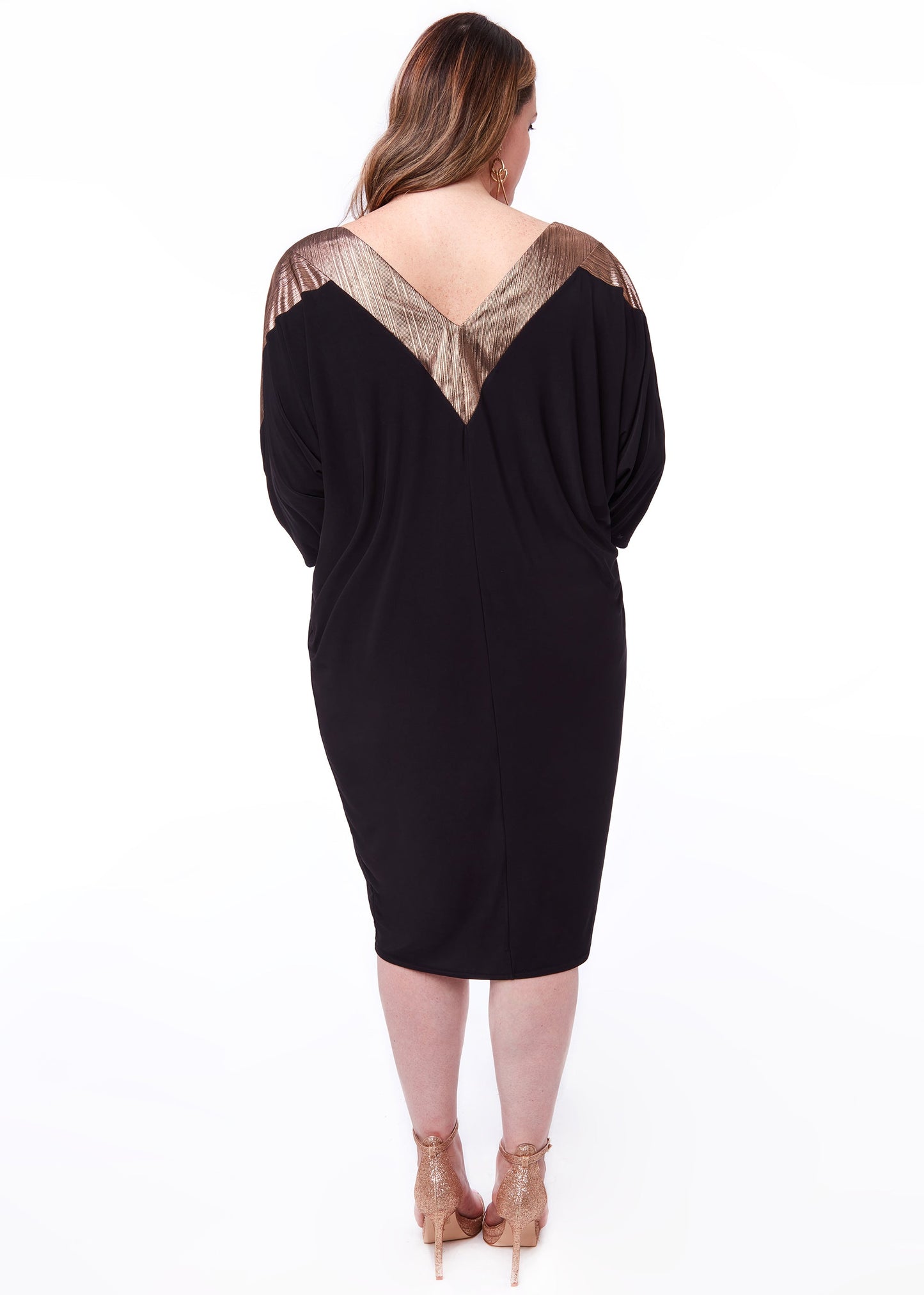 Gold V-Neck Midi Dress With Three Quarter Sleeves