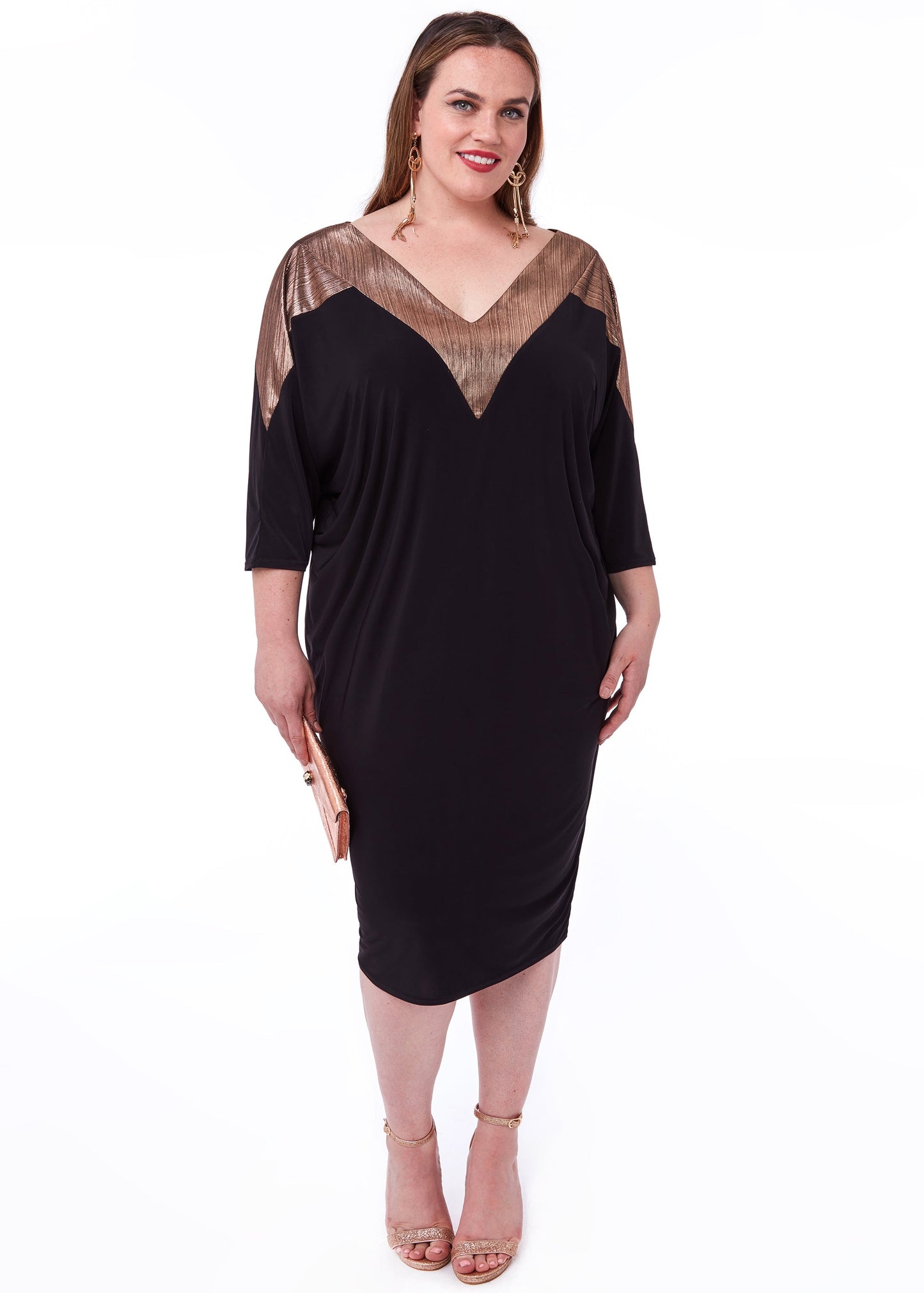 Gold V-Neck Midi Dress With Three Quarter Sleeves