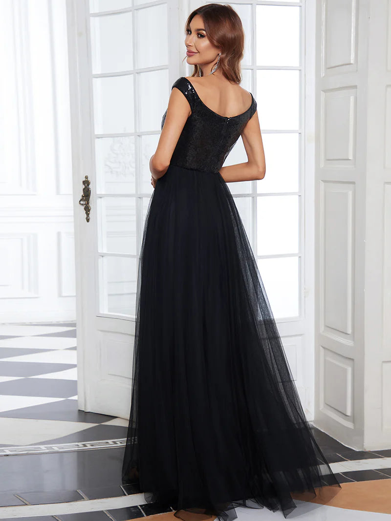 High Waist Tulle & Sequin Sleeveless Evening Dress