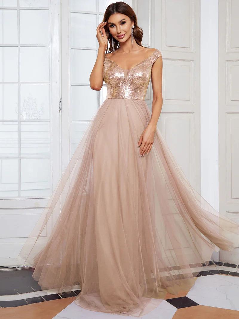 Off Shoulder Tulle Sequin Sleeveless Evening Dress