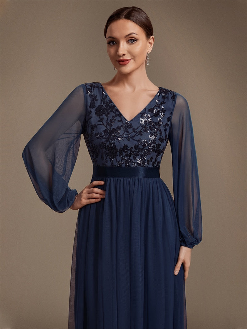 Long Sleeve Sequin Tulle V-Neck A-Line Evening Dresses