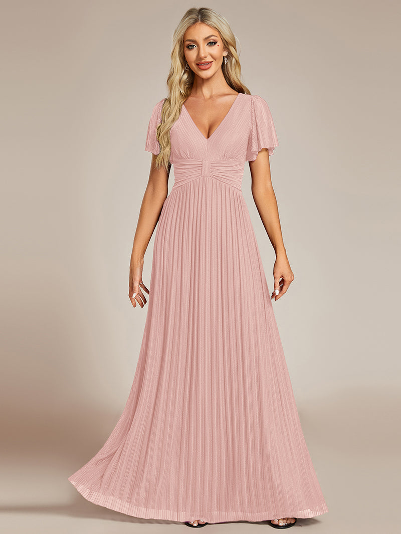 Glittery V Neck Bowknot Waist Mesh Fabric Evening Dress