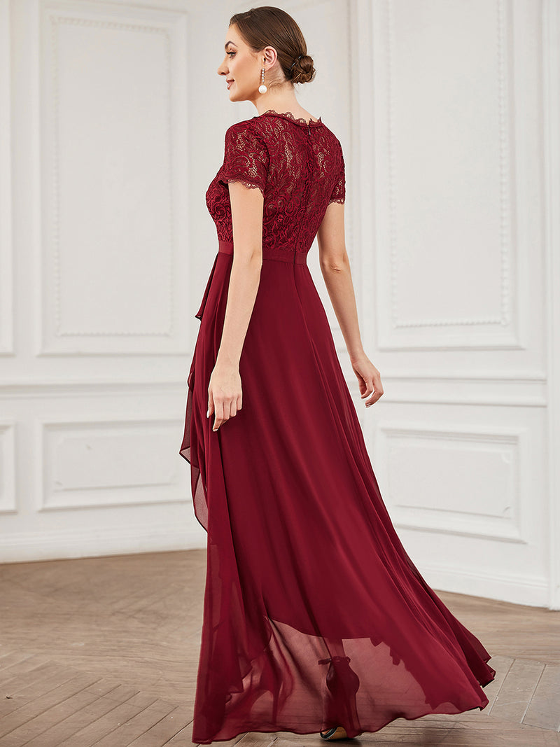 V Neck Short Sleeves Asymmetrical Hem Bridesmaid Dress