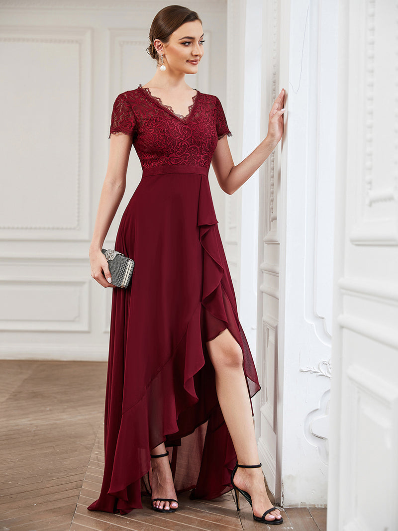 V Neck Short Sleeves Asymmetrical Hem Bridesmaid Dress