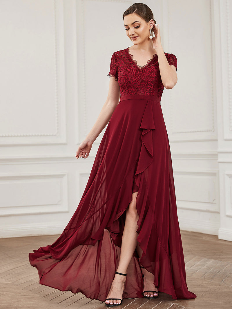 V Neck Short Sleeves Asymmetrical Hem Bridesmaid Dress