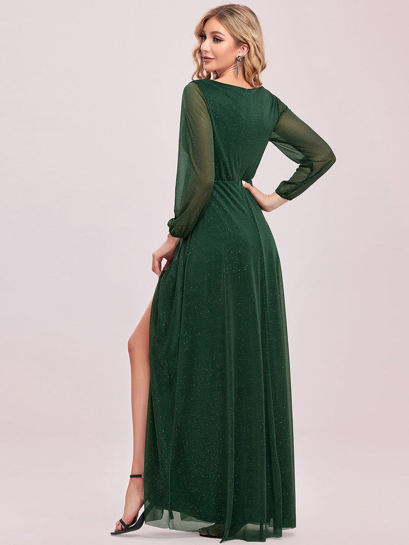 V-Neck Shiny Evening Dresses With Long Sleeve
