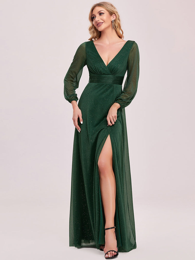 V-Neck Shiny Evening Dresses With Long Sleeve