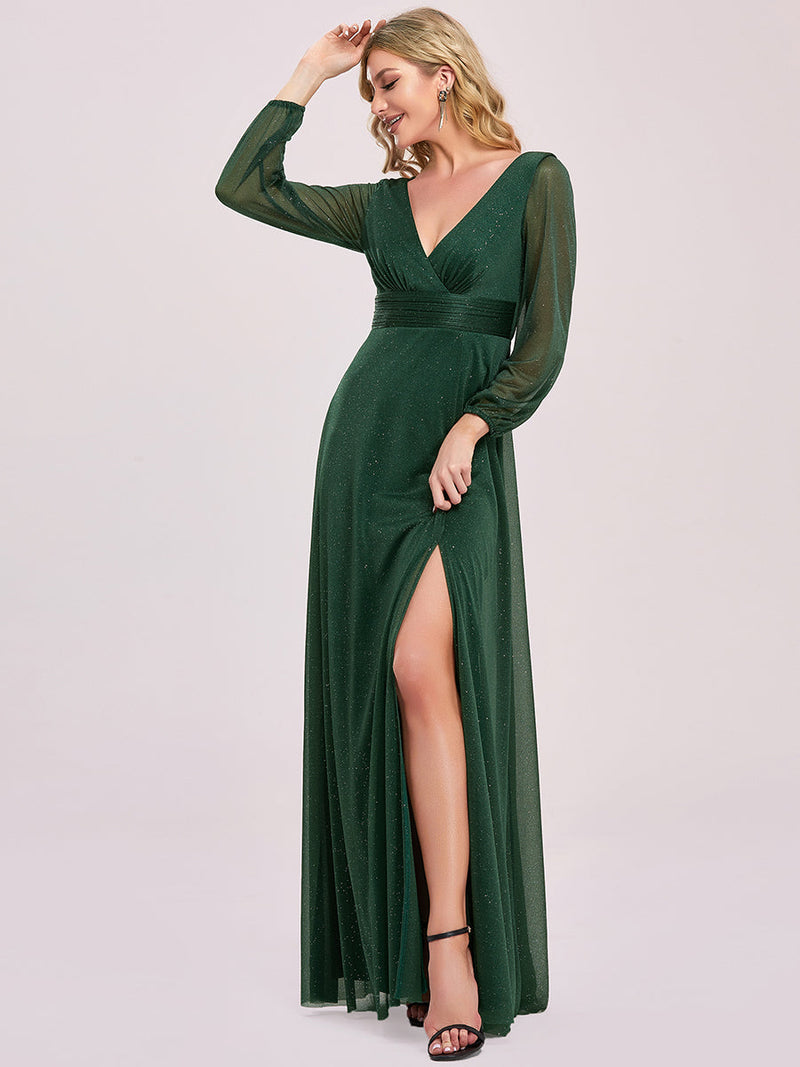 V-Neck Shiny Evening Dresses With Long Sleeve