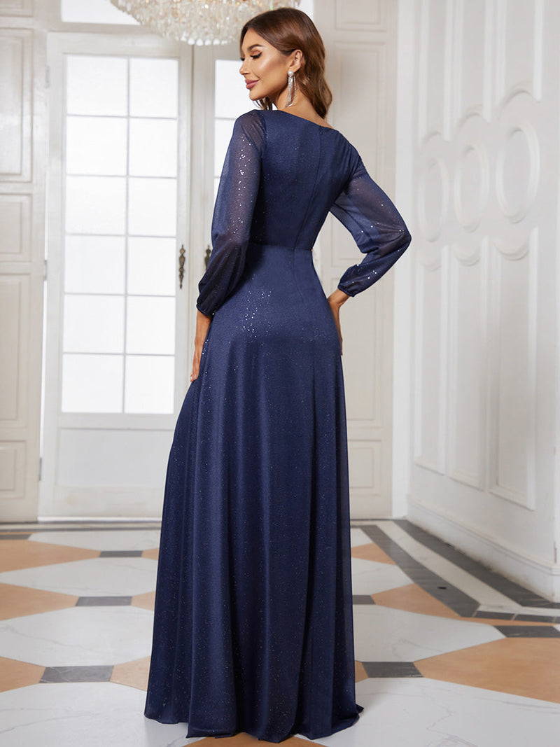 V-Neck Shiny Evening Dresses With Long Sleeve