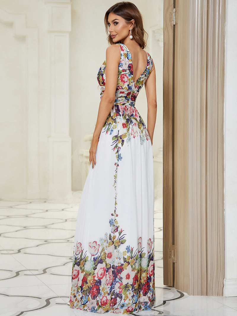 Floral Maxi Long Evening Dresses With Double V-Neck