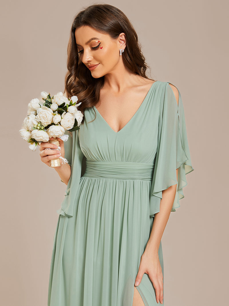 V Neck Pleated Belt Chiffon Bridesmaid Dress Mint Green