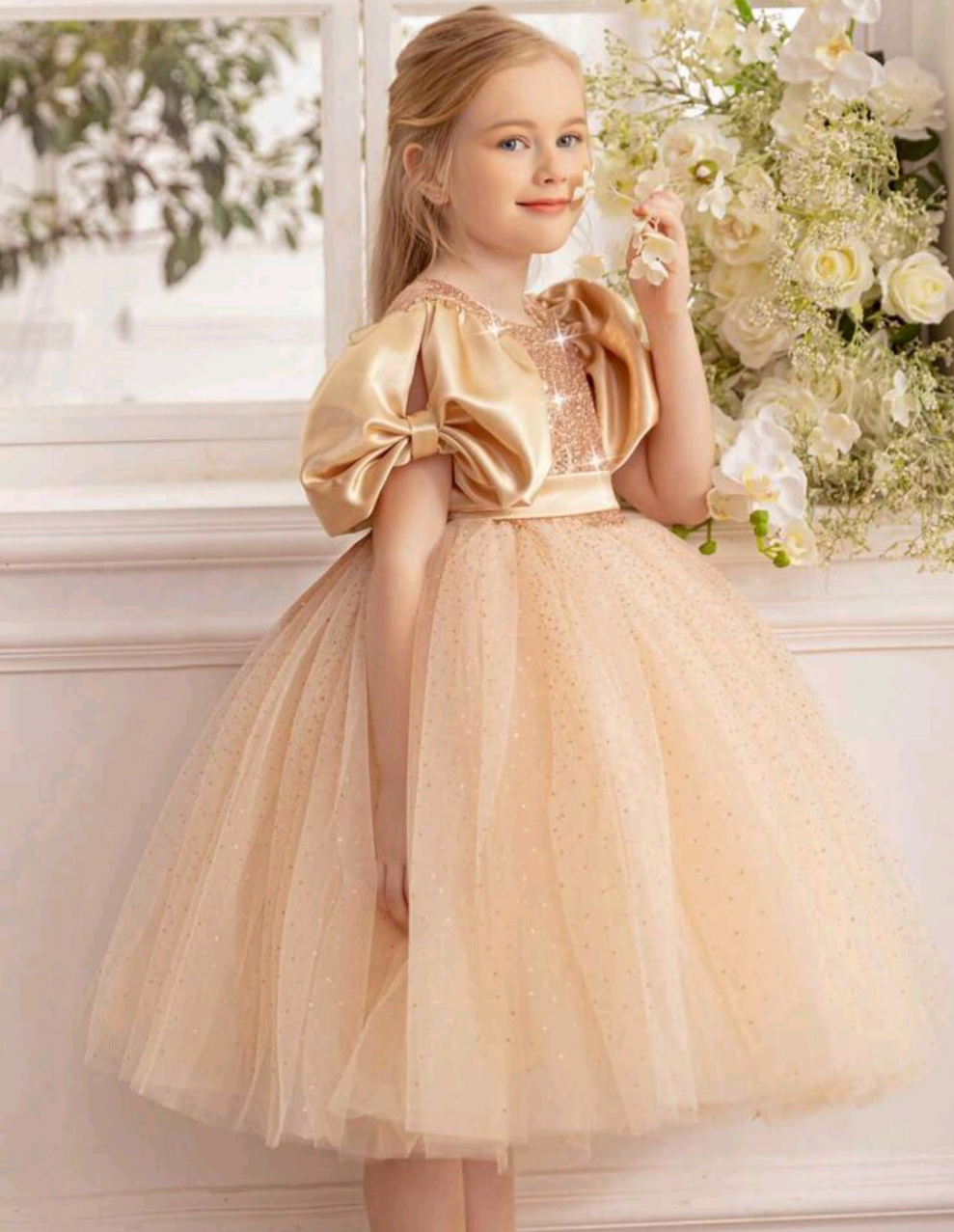 Gold Sequin Puff Sleeve Bow Party Dress
