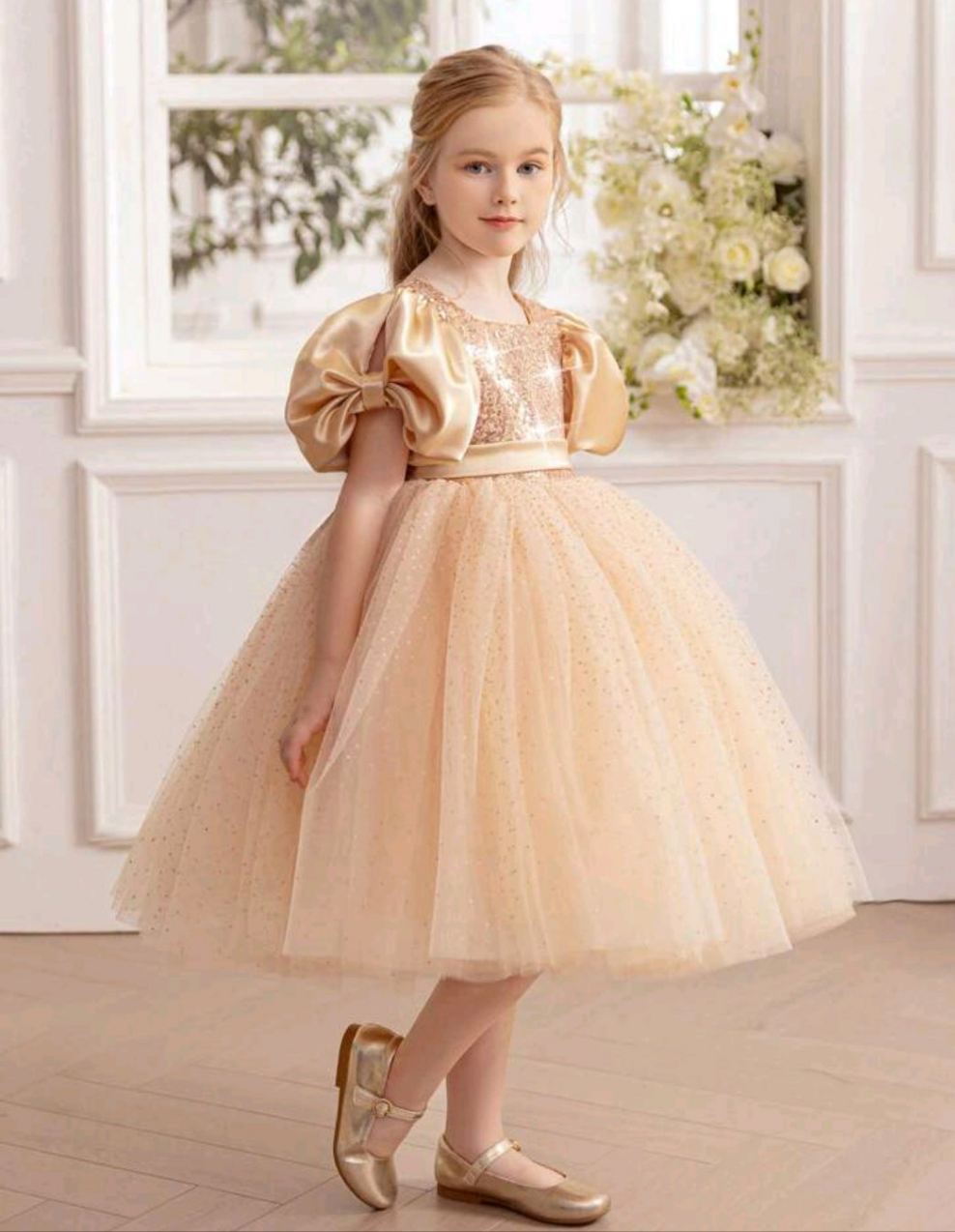 Gold Sequin Puff Sleeve Bow Party Dress