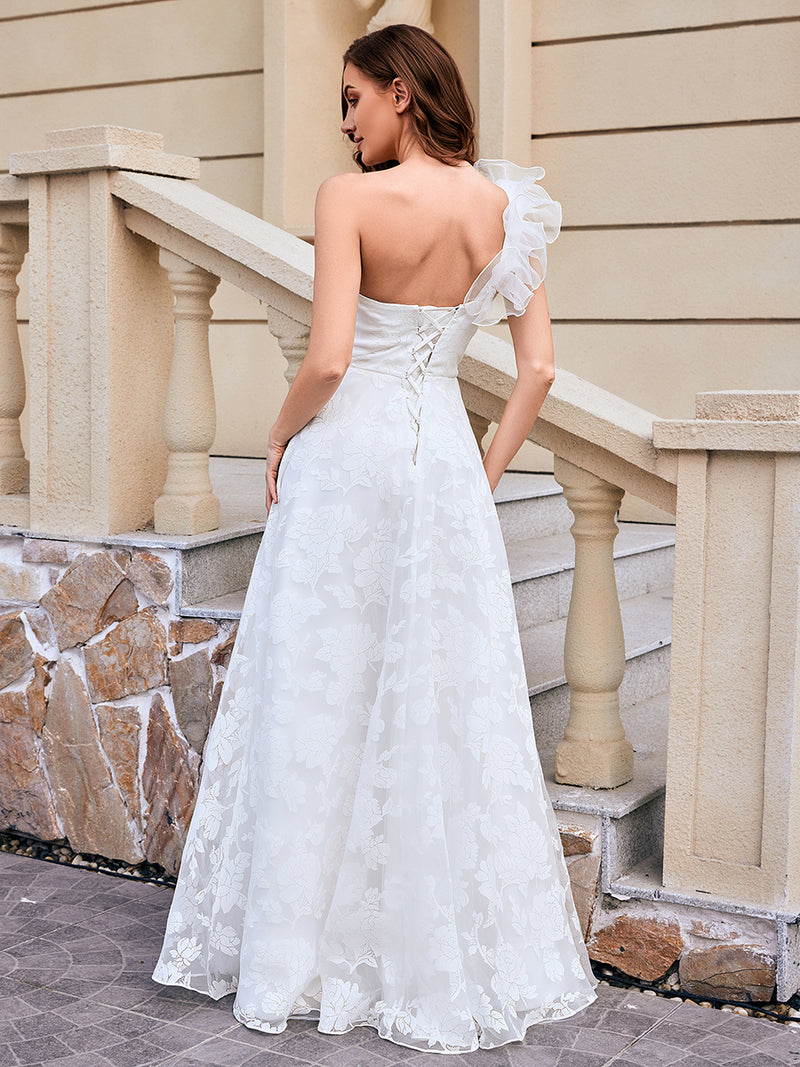 One Shoulder Backless Wedding Dress | A Line Floor Length Dress