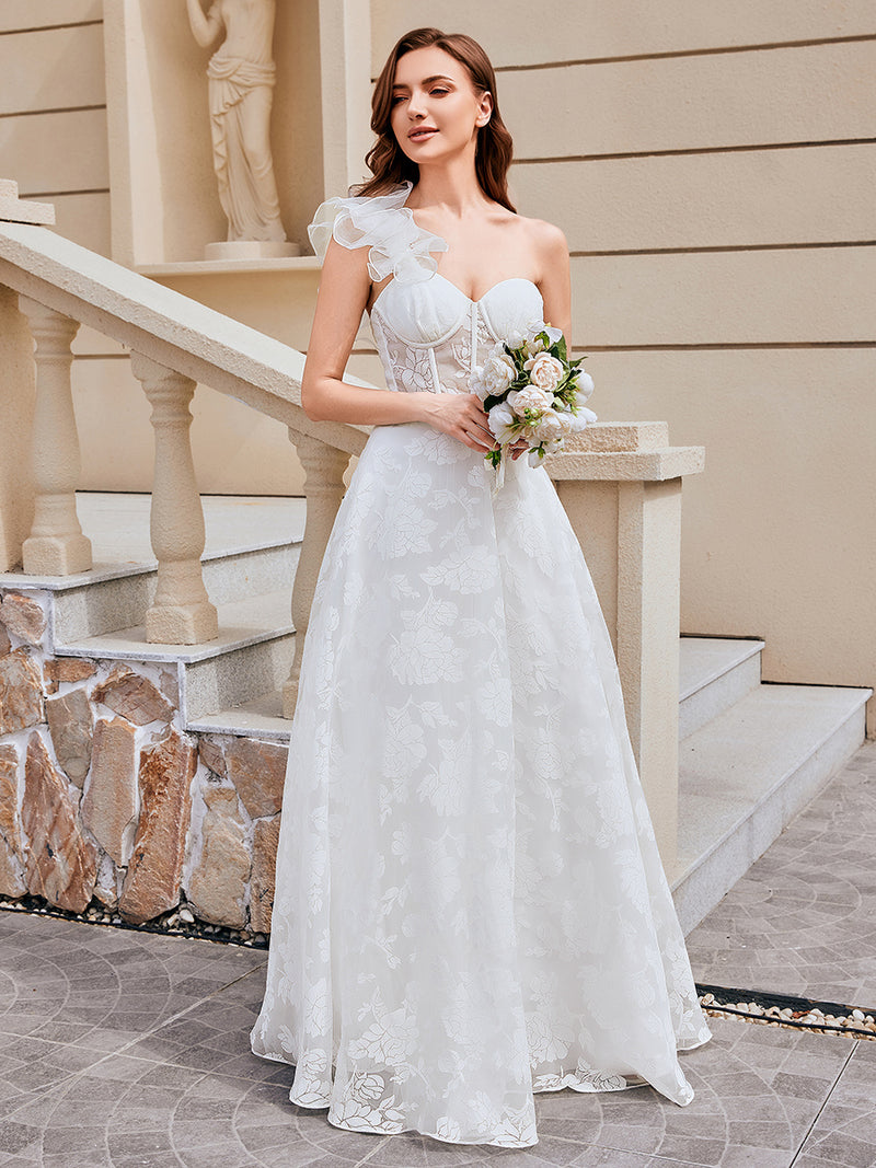 One Shoulder Backless Wedding Dress | A Line Floor Length Dress