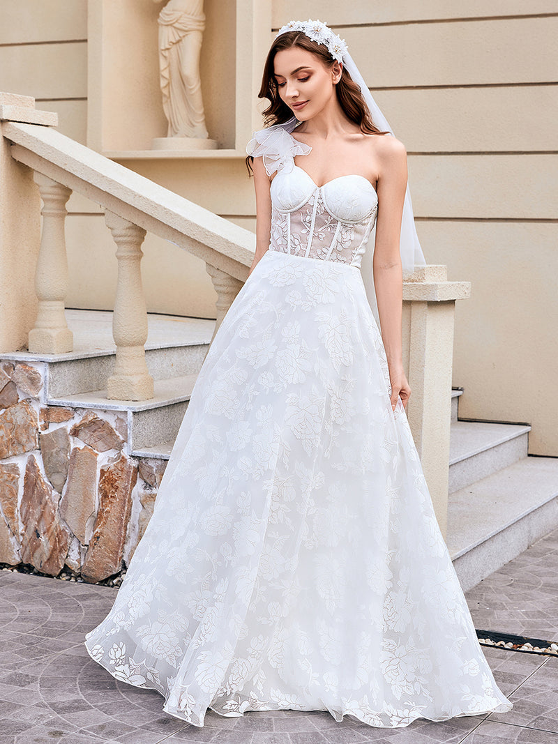 One Shoulder Backless Wedding Dress | A Line Floor Length Dress