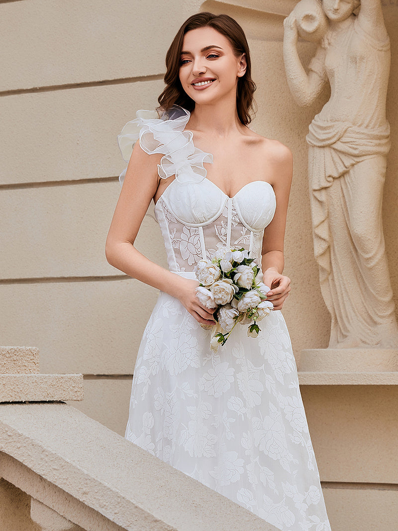 One Shoulder Backless Wedding Dress | A Line Floor Length Dress