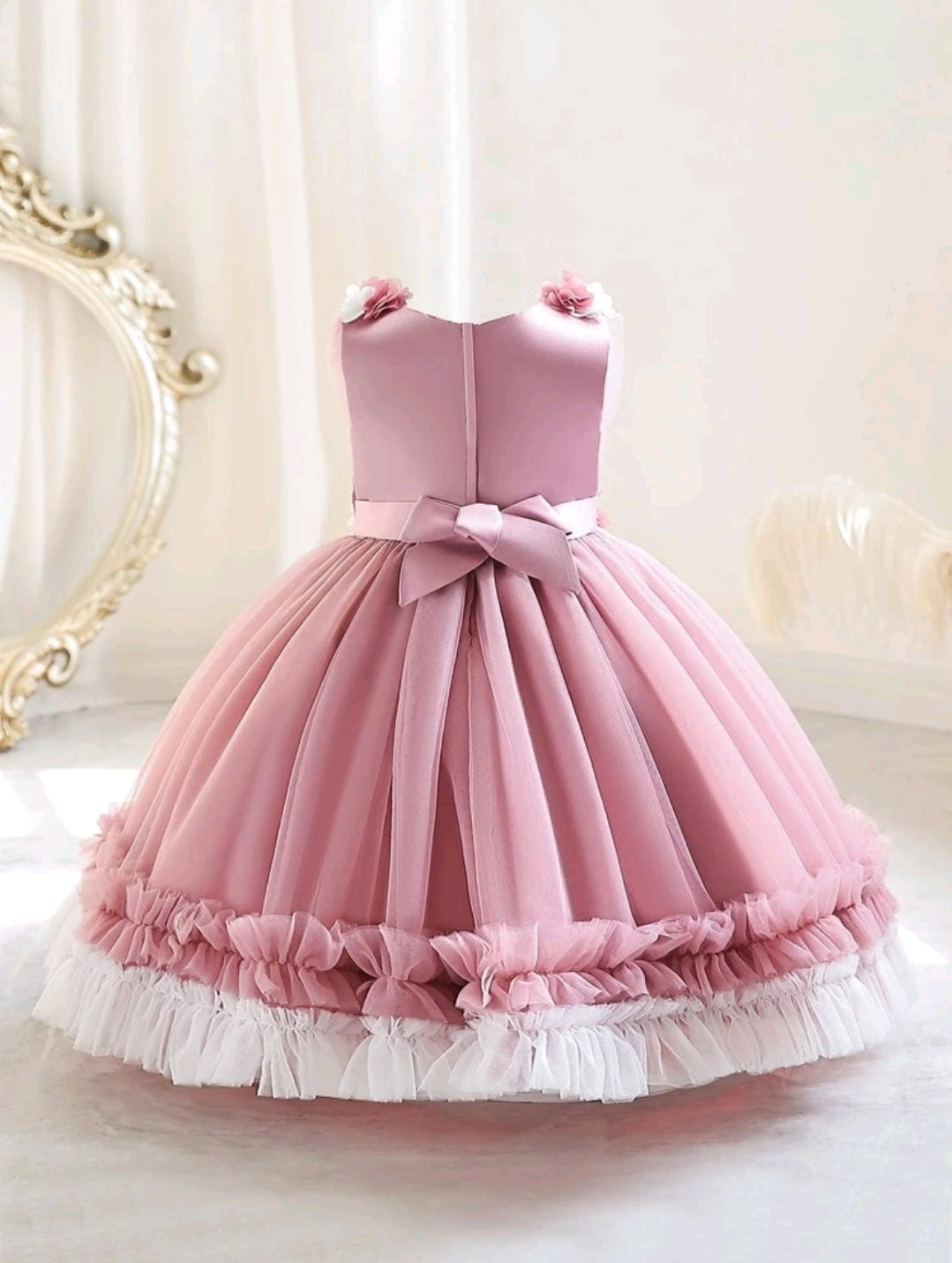 Contrast Mesh Ruffle Trim Gown Dress Dusty Pink