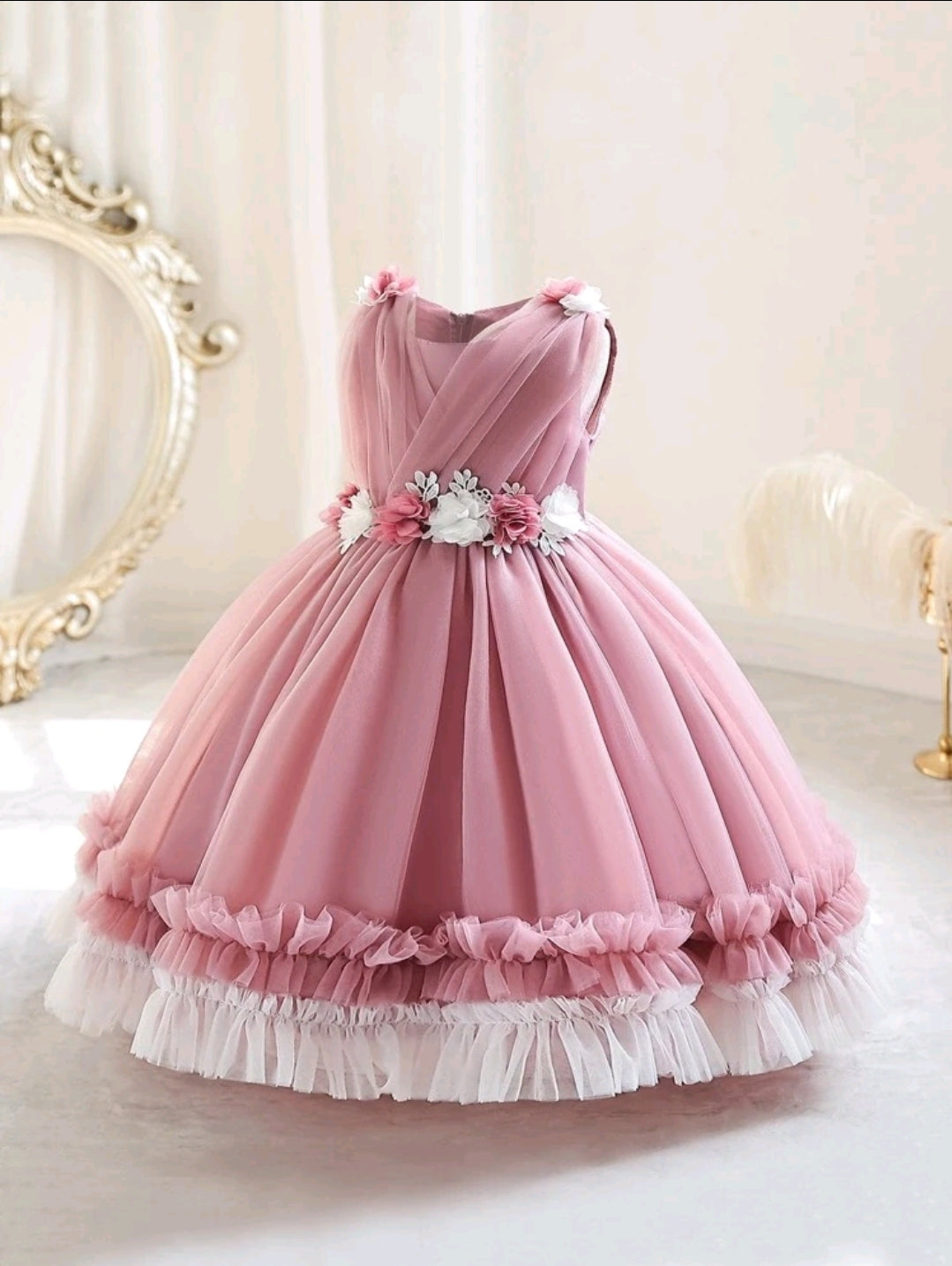 Contrast Mesh Ruffle Trim Gown Dress Dusty Pink