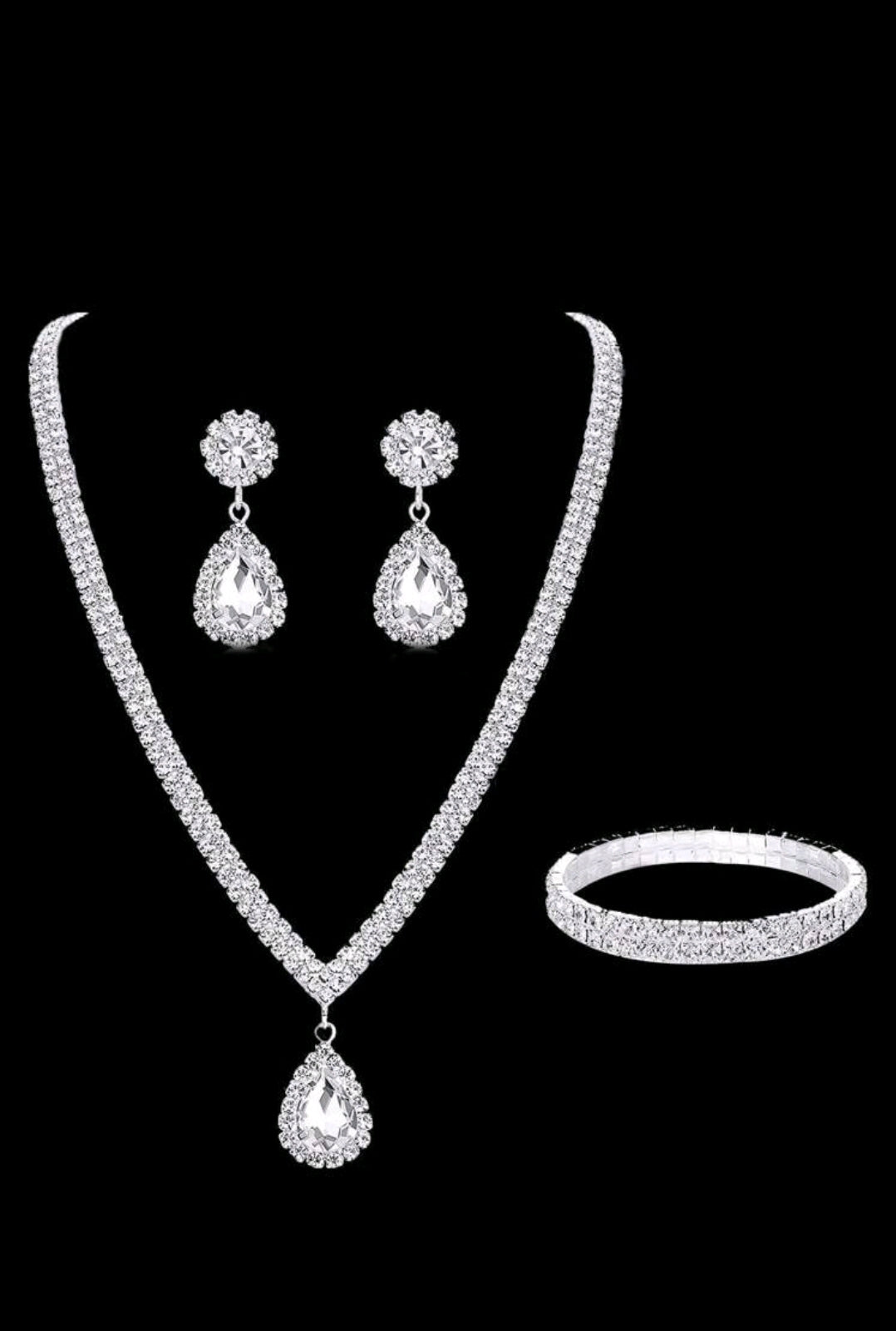 3pcs Rhinestone Necklace Earrings Bracelet Bridal Jewelry Set