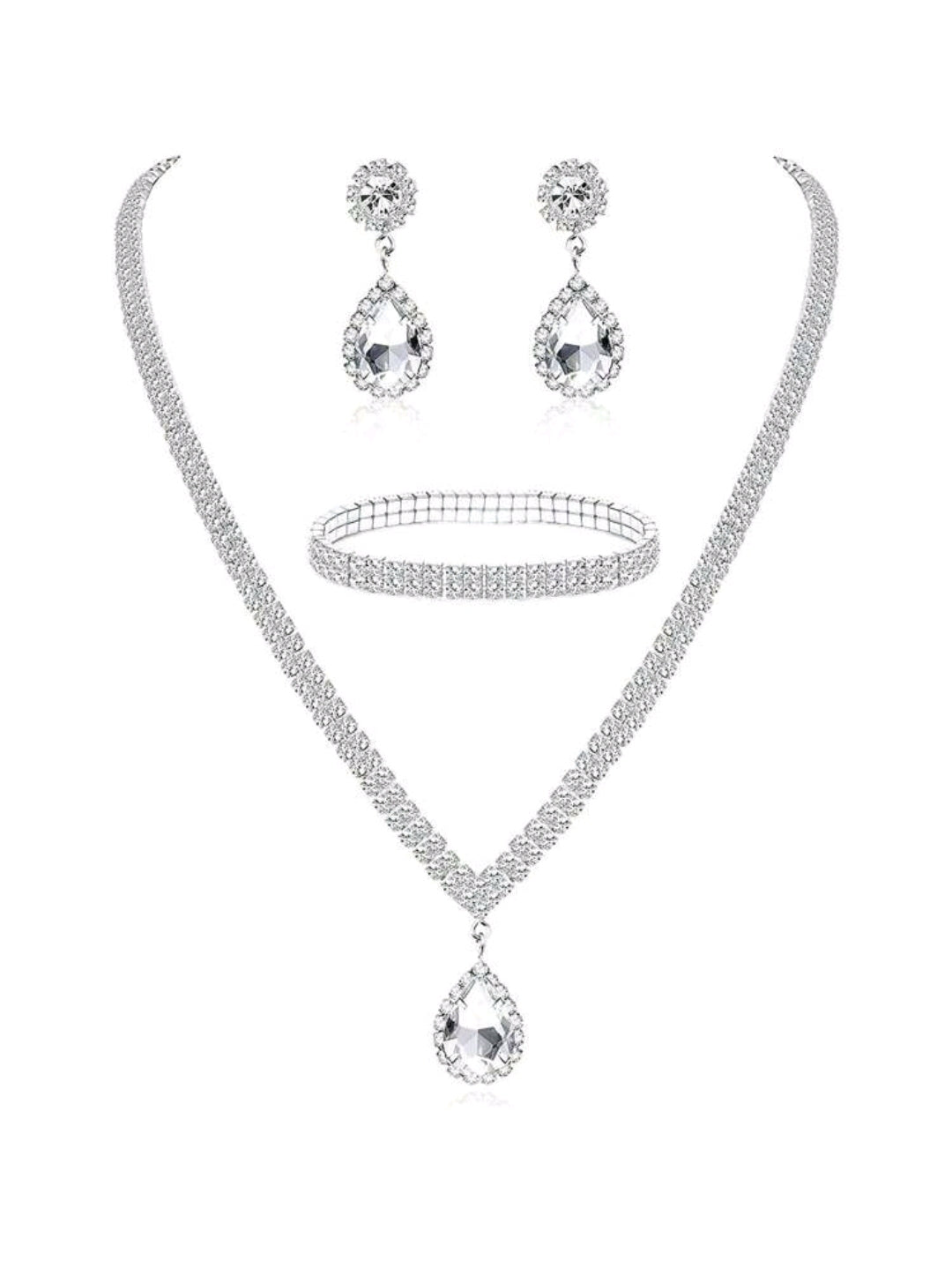 3pcs Rhinestone Necklace Earrings & Bracelet Bridal Jewelry Set