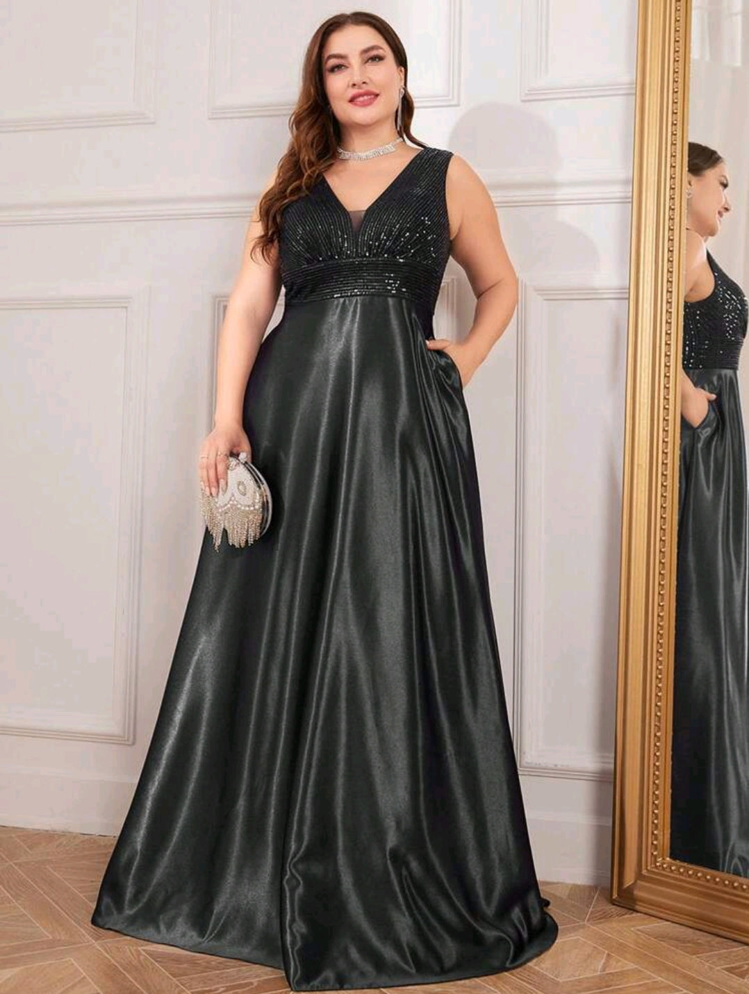 Black Contrast Sequin Satin Formal Dress
