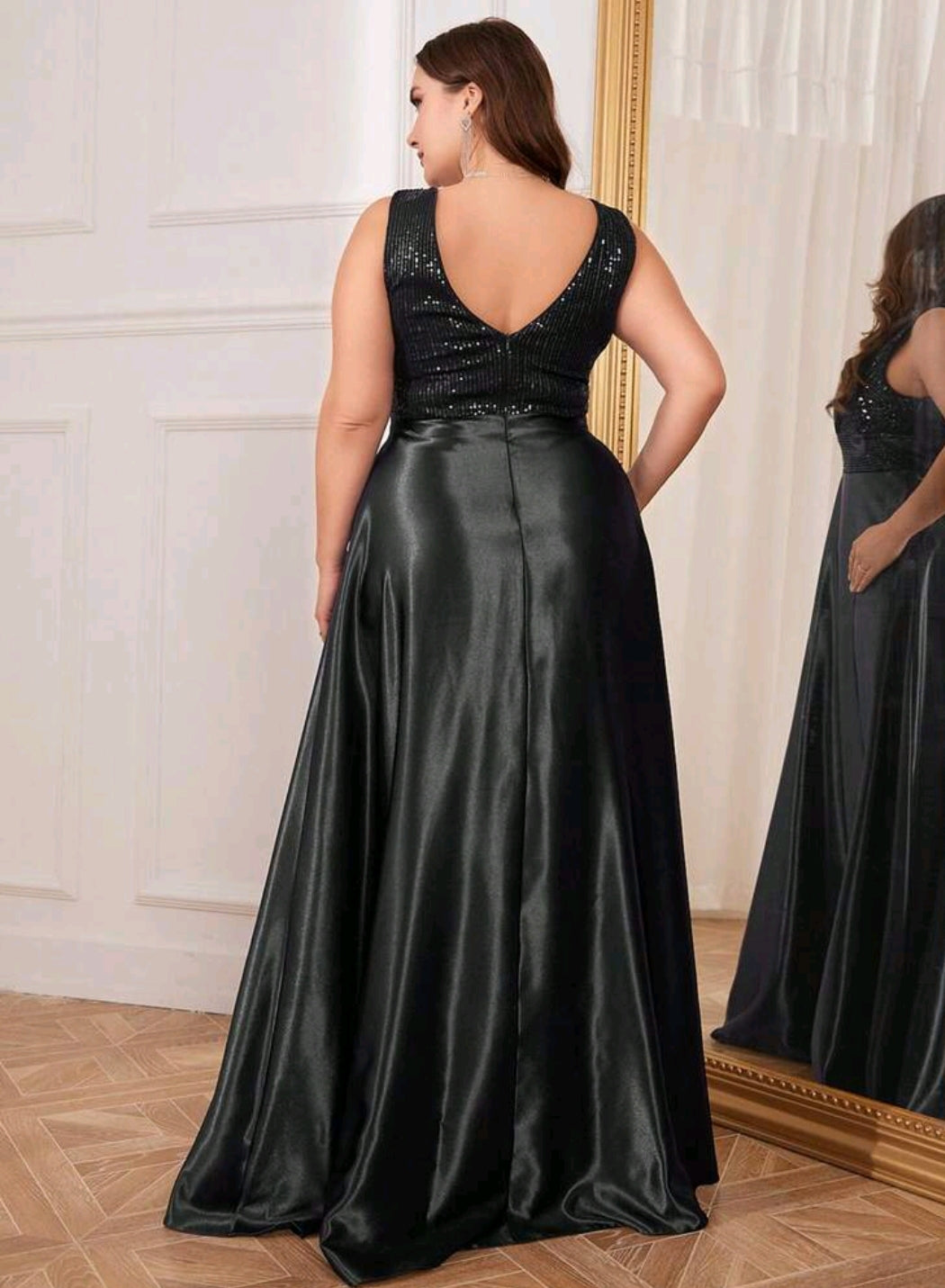 Black Contrast Sequin Satin Formal Dress