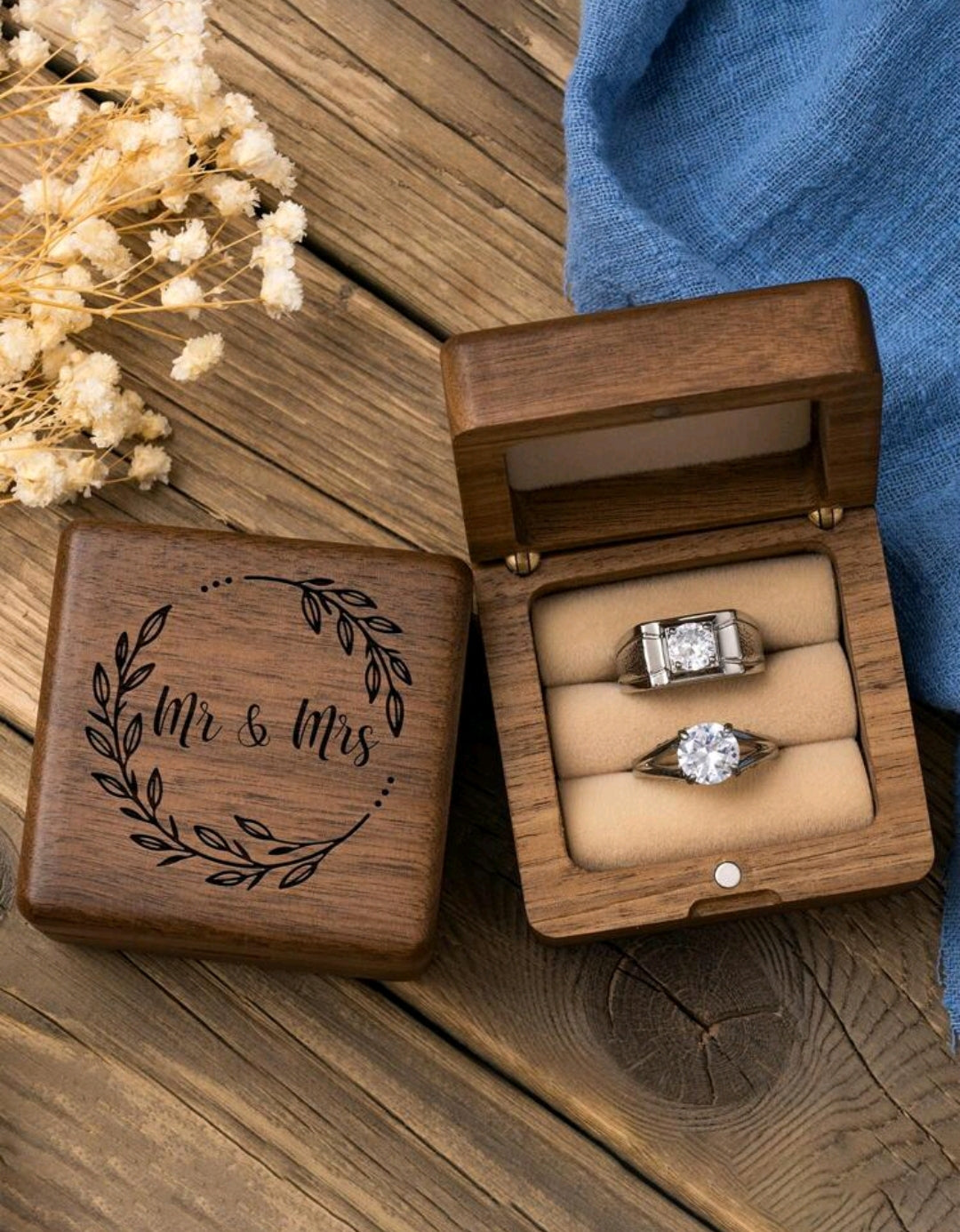 Mr & Mrs Wooden Ring Holder Box
