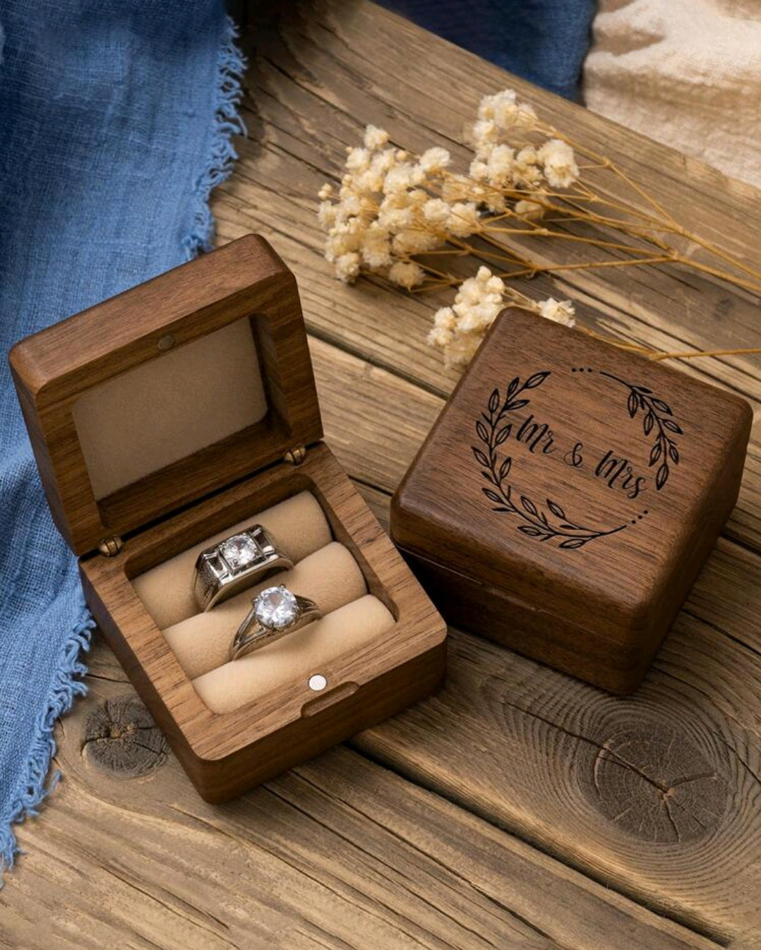 Mr & Mrs Wooden Ring Holder Box