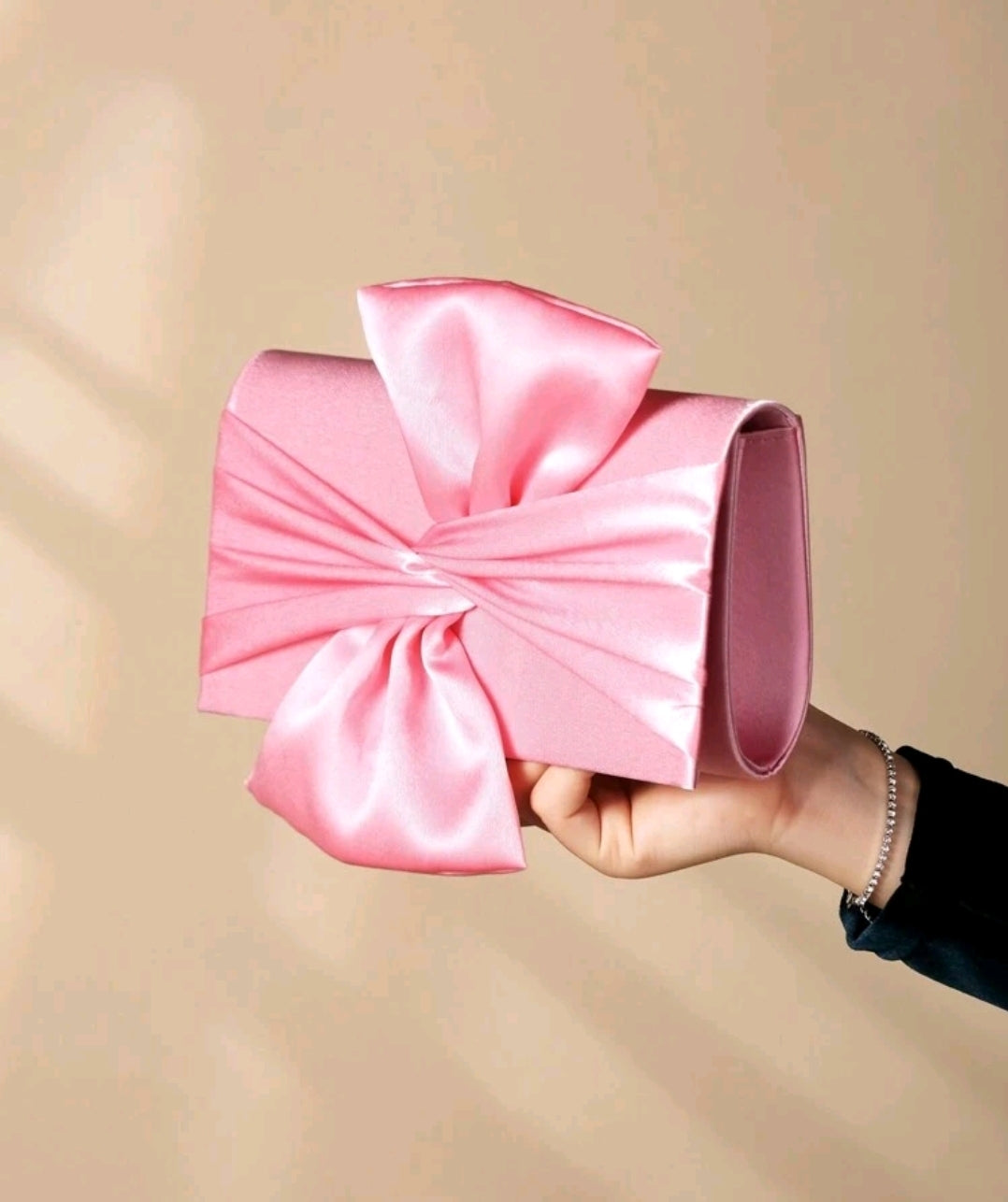 Satin Bow Fancy Clutch Bag Pink