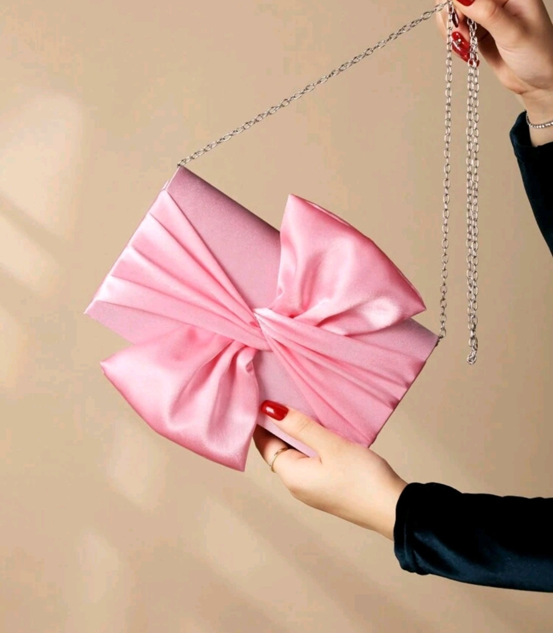 Satin Bow Fancy Clutch Bag Pink