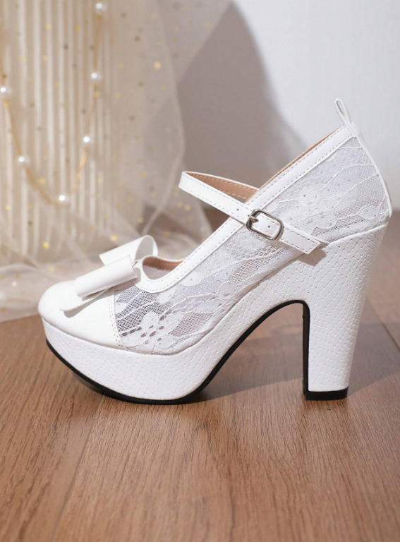 White Rhinestone Thick High Heel Shoes