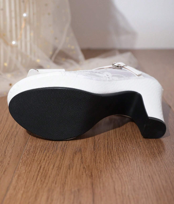 White Rhinestone Thick High Heel Shoes