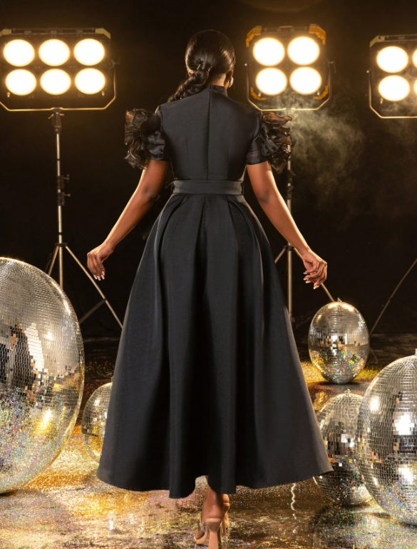 Appliques Detail Satin Belted Party Dress