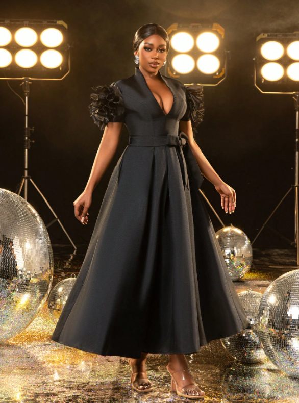 Appliques Detail Satin Belted Party Dress