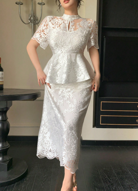 2pcs Lace Puff Sleeve Blouse And Skirt Set