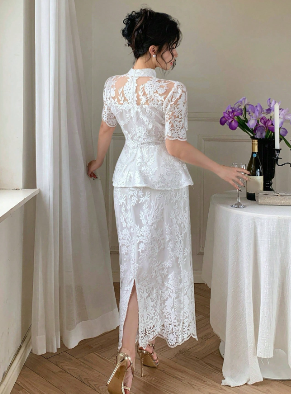 2pcs Lace Puff Sleeve Blouse And Skirt Set