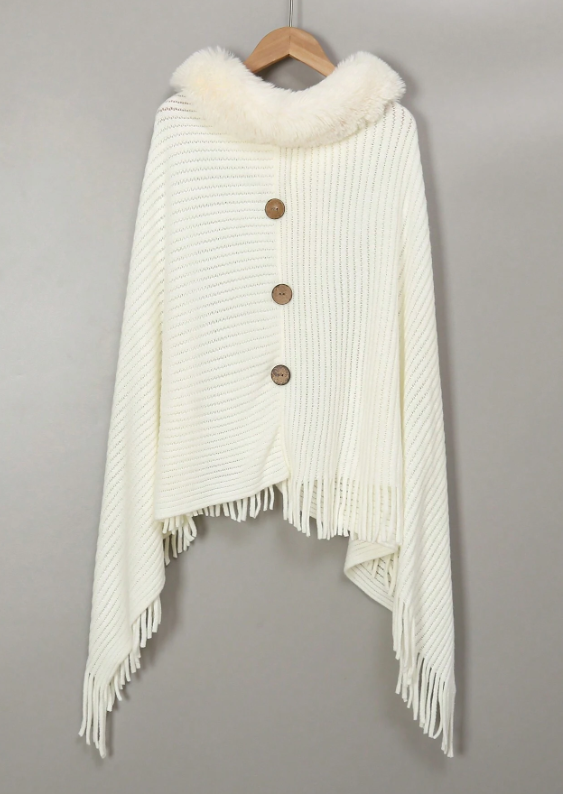 Tassels Knit Poncho With Fur Collar