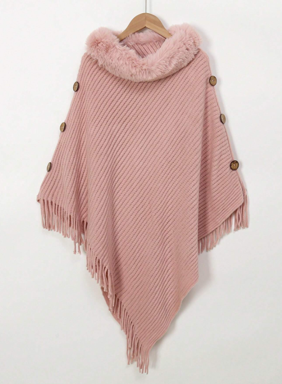 Tassels Knit Poncho With Fur Collar