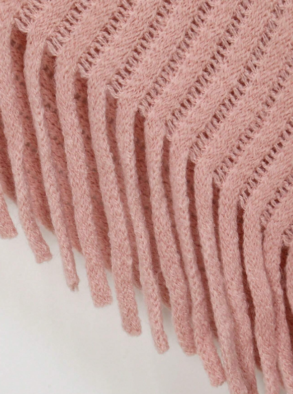 Tassels Knit Poncho With Fur Collar