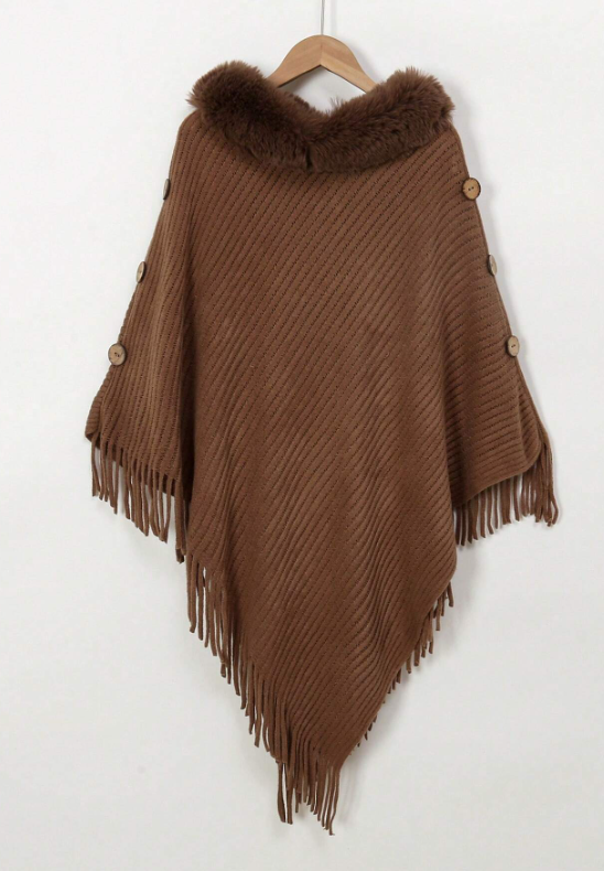 Tassels Knit Poncho With Fur Collar