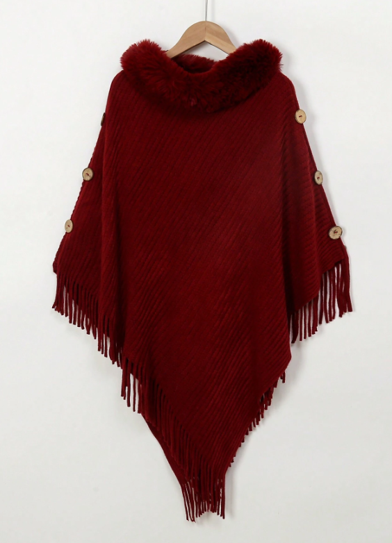Tassels Knit Poncho With Fur Collar