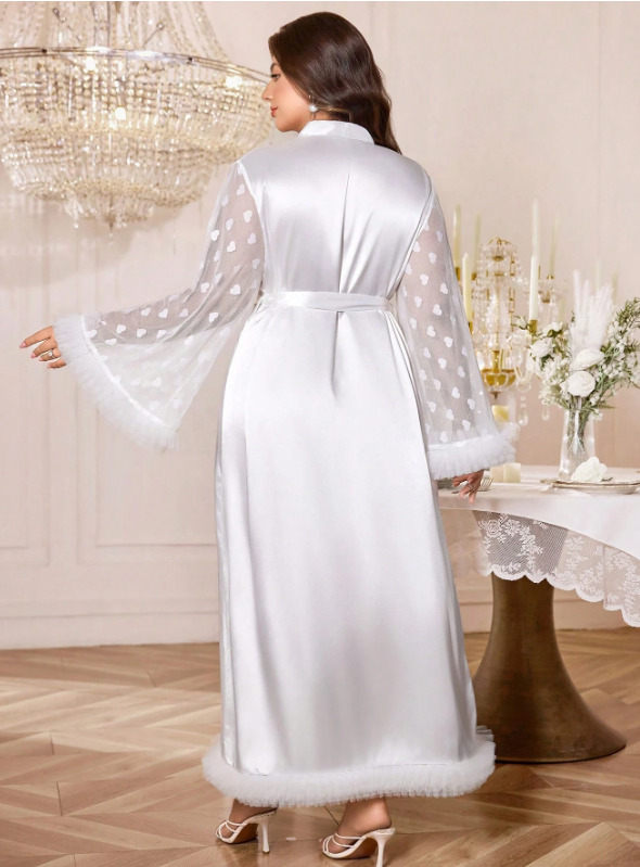 Sheer Heart Pattern Decorative Ruffles Long Robe