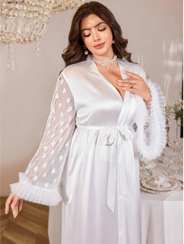 Sheer Heart Pattern Decorative Ruffles Long Robe