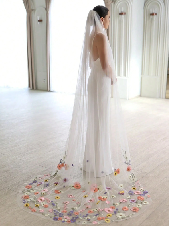 230CM Floral Lace Applique Bridal Veil With Comb