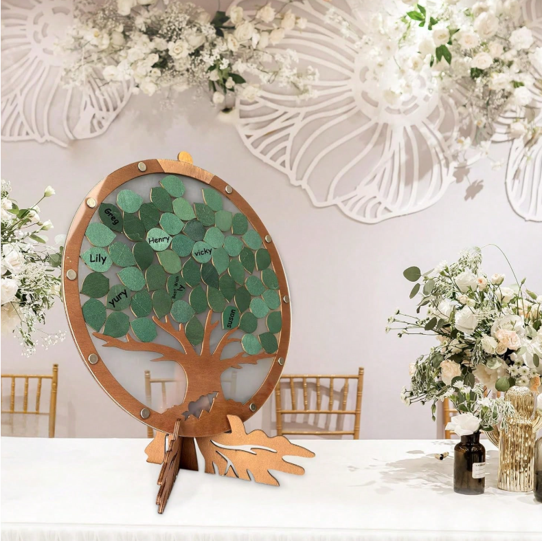 Rustic Wooden Wedding Guest Book Signing Tree With 55 Green Leaves