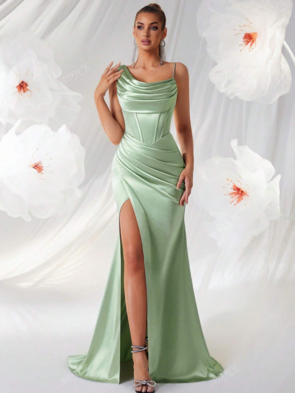 Asymmetrical Draped Neckline Party Dress Satin