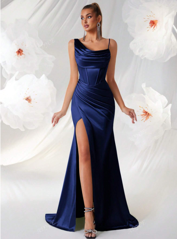 Asymmetrical Draped Neckline Party Dress Satin