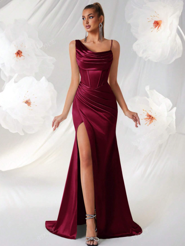 Asymmetrical Draped Neckline Party Dress Satin